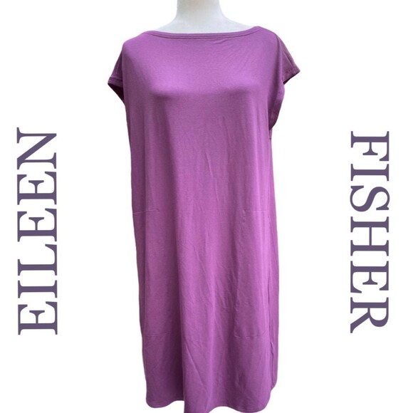Eileen Fisher Twist Back Bateau Neck Purple Jersey Tunic Shift Midi Dress Sz M - Picture 1 of 11